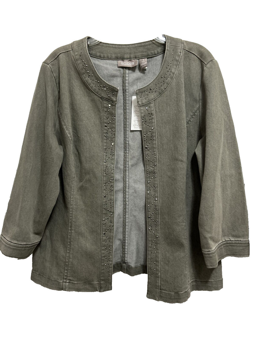 Chicos 1 NWT Banda Sage Leaf Studded Stretch Jacket 3/4 Sleeve Western Cowgirl